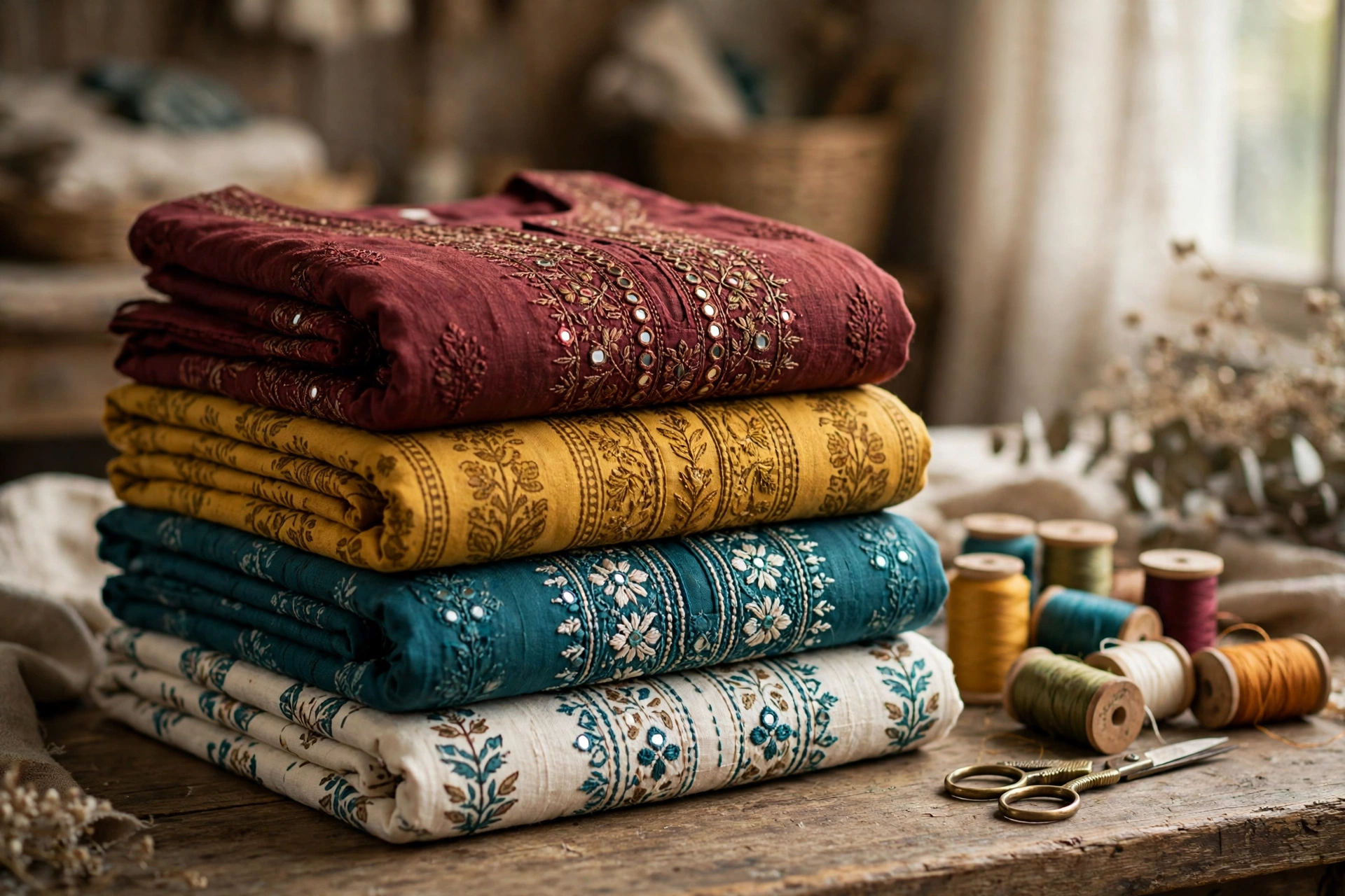 A stack of folded hand-embroidered suits in maroon, mustard, teal and ivory, with spools of thread and brass scissors on a wooden table